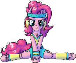 Size: 485x407 | Tagged: safe, artist:skorpionletun, character:pinkie pie, chest fluff, clothing, female, fitness, fluffy, headband, leg warmers, semi-anthro, simple background, sitting, smiling, solo, splits, transparent background, unshorn fetlocks, workout outfit, wristband, yoga