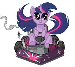 Size: 700x631 | Tagged: safe, artist:theartrix, character:twilight sparkle, character:twilight sparkle (unicorn), species:pony, species:unicorn, book, car, female, frown, go kart, go-kart, kart, mare, mario kart, ponykart, racer, racing, solo, that pony sure does love books, windswept mane