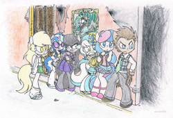 Size: 2576x1748 | Tagged: safe, artist:pandan009, character:bon bon, character:derpy hooves, character:dj pon-3, character:doctor whooves, character:lyra heartstrings, character:octavia melody, character:sweetie drops, character:time turner, character:vinyl scratch, oc, oc:screwpine, species:anthro, background six, clothing, mansion, mystery, traditional art