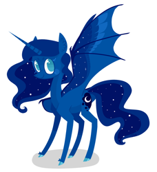 Size: 1024x1121 | Tagged: safe, artist:jellybeanbullet, character:princess luna, bat wings, eyelashes, female, looking at you, moonbat, no pupils, simple background, smiling, solo, spread wings, white background, wings