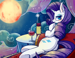 Size: 900x700 | Tagged: safe, artist:renokim, character:rarity, species:pony, species:unicorn, blood moon, blushing, couch, fainting couch, female, looking back, moon, on flank, solo, table, wine, wine bottle, wine glass