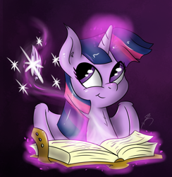 Size: 1280x1312 | Tagged: safe, artist:jorobro, character:twilight sparkle, character:twilight sparkle (alicorn), species:alicorn, species:pony, book, female, magic, mare, purple background, quill, simple background, solo, writing