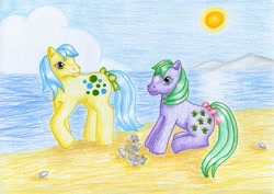 Size: 1024x724 | Tagged: safe, artist:normaleeinsane, character:bubbles (g1), g1, beach, seashell (g1), traditional art