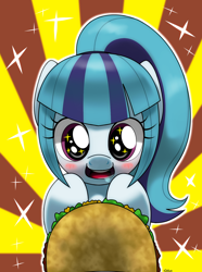 Size: 1060x1426 | Tagged: safe, artist:hoyeechun, character:sonata dusk, my little pony:equestria girls, cute, drool, equestria girls ponified, eyes on the prize, female, open mouth, ponified, smiling, solo, sonatabetes, sonataco, sparkles, taco, wingding eyes