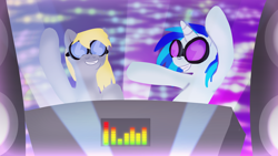 Size: 1920x1080 | Tagged: safe, artist:zedrin, character:derpy hooves, character:dj pon-3, character:vinyl scratch, species:pegasus, species:pony, female, mare