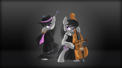 Size: 1920x1080 | Tagged: safe, artist:zedrin, character:octavia melody, species:earth pony, species:pony, bipedal, cello, clothing, dress, duality, gun, jewelry, musical instrument, necklace, necktie, pearl necklace, tommy gun, wallpaper