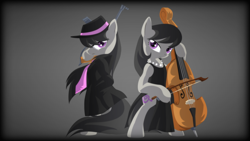 Size: 1920x1080 | Tagged: safe, artist:zedrin, character:octavia melody, species:earth pony, species:pony, bipedal, cello, clothing, dress, gun, jewelry, musical instrument, necklace, necktie, pearl necklace, tommy gun