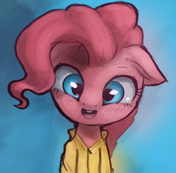 Size: 830x817 | Tagged: safe, artist:rain-gear, character:pinkie pie, clothing, cute, diapinkes, female, floppy ears, looking at you, open mouth, portrait, raincoat, sketch, smiling, solo