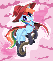 Size: 862x1000 | Tagged: dead source, safe, artist:oze, character:rainbow dash, species:bat, species:pegasus, species:pony, abstract background, bipedal, bipedal leaning, blushing, cape, clothing, costume, cute, cute little fangs, dashabetes, fangs, female, hat, latex socks, mare, nightmare night, open mouth, raised eyebrow, socks, solo, witch