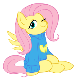 Size: 945x945 | Tagged: safe, artist:deeriojim, artist:megasweet, character:fluttershy, species:pegasus, species:pony, clothing, female, mare, one eye closed, simple background, sitting, solo, sweater, sweatershy, white background, wu tang clan