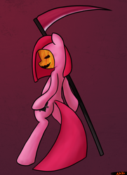Size: 1300x1800 | Tagged: safe, artist:mang, character:pinkamena diane pie, character:pinkie pie, species:pony, bipedal, female, halloween, holiday, jack-o-lantern, mask, pumpkin, pumpkin carving, scythe, solo