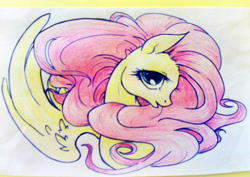 Size: 436x309 | Tagged: safe, artist:pandan009, character:fluttershy, species:pegasus, species:pony, bust, female, head turn, looking at you, mare, one wing out, open mouth, portrait, profile, solo, spread wings, traditional art, wings