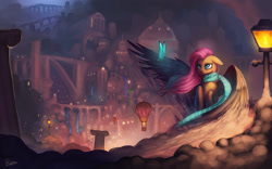 Size: 1920x1200 | Tagged: safe, artist:rain-gear, character:fluttershy, species:pegasus, species:pony, butterfly, city, clothing, cloud, cloudsdale, female, hot air balloon, mare, scarf, scenery, solo