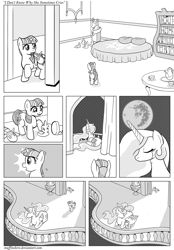 Size: 1200x1720 | Tagged: safe, artist:muffinshire, character:princess celestia, character:smarty pants, character:twilight sparkle, bed, comic, filly, jewelry, mare in the moon, monochrome, moon, regalia