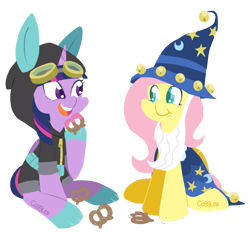 Size: 1000x956 | Tagged: safe, artist:coggler, character:fluttershy, character:star swirl the bearded, character:twilight sparkle, character:twilight sparkle (alicorn), species:alicorn, species:pegasus, species:pony, bunny ears, clothes swap, clothing, costume, dangerous mission outfit, eating, female, goggles, hoodie, mare, pretzel, pretzel coordination, simple background, smiling, transparent background