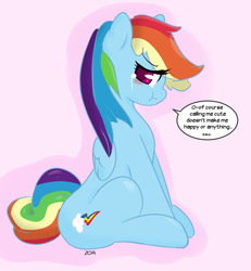 Size: 892x964 | Tagged: safe, artist:zoarity, character:rainbow dash, :t, baka, blushing, crying, cute, dashabetes, dialogue, embarrassed, female, happy, looking at you, sitting, solo, tsunderainbow, tsundere