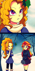 Size: 2222x4444 | Tagged: safe, artist:jacky-bunny, character:adagio dazzle, character:sunset shimmer, ship:sunsagio, equestria girls:rainbow rocks, g4, my little pony: equestria girls, my little pony:equestria girls, clothing, comic, female, holly, holly mistaken for mistletoe, lesbian, shipping, skirt, snow, winter