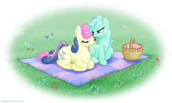 Size: 2000x1200 | Tagged: safe, artist:muffinshire, character:bon bon, character:lyra heartstrings, character:sweetie drops, species:earth pony, species:pony, species:unicorn, ship:lyrabon, basket, blushing, butterfly, dragonfly, eyes closed, female, flower, grass, lesbian, picnic, picnic basket, picnic blanket, prone, shipping, smiling