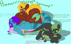 Size: 8000x5000 | Tagged: safe, artist:zeldafan777, oc, oc only, oc:emilia 'emmy' emberseed, oc:glacia, oc:slots, oc:totty, species:dracony, absurd resolution, adorafatty, belly, belly bed, big belly, bloated, burp, cute, fat, huge belly, hybrid, impossibly large belly, lovely, macro, merpony, obese, overweight, stomach noise, stuffed, stuffed belly