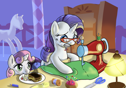 Size: 2000x1400 | Tagged: safe, artist:muffinshire, character:rarity, character:sweetie belle, apple, apple slices, burned, burnt toast, cute, dawwww, food, glasses, grilled cheese, mannequin, measuring tape, pencil, pincushion, rarity's glasses, sewing, sewing machine, sweetie belle can't cook, thread