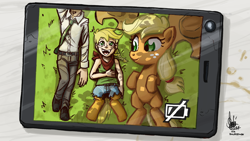 Size: 1100x619 | Tagged: safe, artist:theartrix, character:applejack, oc, oc:anon, oc:cinnamon cider, parent:applejack, satyr, species:human, cover art, daughter, fanfic, father, mother, offspring, phone