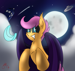 Size: 3465x3287 | Tagged: safe, artist:jorobro, character:scootaloo, species:bat pony, species:pegasus, species:pony, bat ponified, cloud, cloudy, doctor who, female, fluffy, flying, grin, looking at you, moon, night, race swap, scootabat, smiling, solo, squee, tardis, ufo