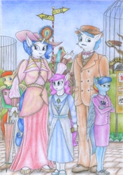 Size: 2456x3494 | Tagged: safe, artist:sinaherib, character:fancypants, character:rarity, oc, oc:amber earring, oc:rainfall, oc:summer wind, parent:big macintosh, parent:fancypants, parent:fluttershy, parent:rainbow dash, parent:rarity, parent:soarin', parents:fluttermac, parents:raripants, parents:soarindash, species:anthro, species:pegasus, species:plantigrade anthro, species:pony, species:unicorn, ship:raripants, cane, clothing, crossed arms, cutie mark clothes, dress, eagle, female, glowing horn, hat, male, mary janes, offspring, shipping, straight, suit, sun hat, traditional art, umbrella, vest, zoo