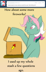 Size: 500x777 | Tagged: safe, artist:kourabiedes, character:fizzy, g1, ask, ask fizzy, female, fireworks, solo, tumblr