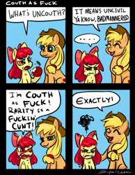 Size: 539x693 | Tagged: safe, artist:superkeen, character:apple bloom, character:applejack, species:earth pony, species:pony, ..., applejack's hat, blushing, clothing, cluster f-bomb, comic, cowboy hat, female, filly, hat, hypocritical humor, mare, scene parody, siblings, sisters, uncouth, vulgar