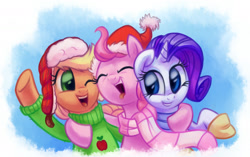 Size: 2000x1259 | Tagged: safe, artist:verulence, character:applejack, character:pinkie pie, character:rarity, ship:rarijack, clothing, female, gloves, hat, lesbian, santa hat, scarf, shipping, style emulation, sweater