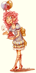 Size: 660x1346 | Tagged: safe, artist:steeve, character:pinkie pie, balloon, cake, clothing, dress, food, heart, humanized, skinny, traditional art