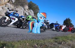 Size: 1280x816 | Tagged: safe, artist:sierraex, artist:thepwnyisaspy, character:rainbow dash, irl, motorcycle, path, photo, plot, ponies in real life, solo, unimpressed, vector, yamaha