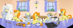 Size: 2600x1000 | Tagged: safe, artist:muffinshire, character:carrot top, character:derpy hooves, character:golden harvest, species:chicken, species:pegasus, species:pony, breakfast, cooking, egg (food), female, food, frying pan, kitchen, mare, montage, pancakes, parody, toast, toaster