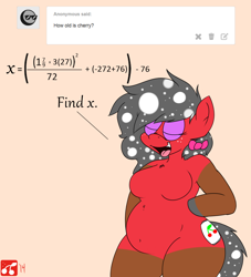Size: 2000x2200 | Tagged: safe, artist:thecherrysodaaskblog, oc, oc only, oc:anon, oc:cherry soda, species:anthro, algebra, ask, belly, belly button, bipedal, chubby, female, hair bow, math, round, solo, thighs, tumblr, tumblr:thecherrysodaaskblog, wide hips