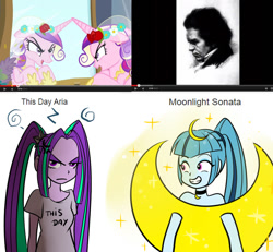 Size: 900x830 | Tagged: safe, artist:jacky-bunny, character:aria blaze, character:queen chrysalis, character:sonata dusk, species:changeling, my little pony:equestria girls, catasterism, disguise, disguised changeling, fake cadance, ludwig van beethoven, moon, moonlight sonata, pun, this day aria, visual gag