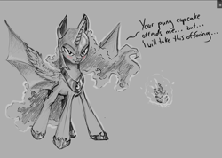 Size: 1280x910 | Tagged: safe, artist:rain-gear, character:nightmare moon, character:princess luna, species:bat pony, species:pony, blushing, candle, cupcake, female, frown, glare, lunabat, magic, monochrome, race swap, solo, spread wings, telekinesis, tsundere, tsundere moon, wings
