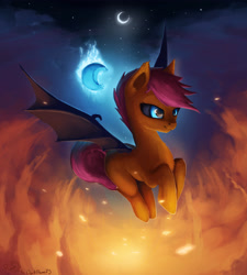 Size: 3379x3750 | Tagged: safe, artist:rain-gear, character:scootaloo, species:bat pony, species:pegasus, species:pony, bat ponified, black sclera, blank flank, blue eyes, female, filly, fire, flying, high res, race swap, scootabat, solo, student of the night