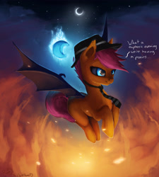 Size: 3379x3750 | Tagged: safe, artist:rain-gear, character:scootaloo, species:bat pony, species:pegasus, species:pony, bedroom eyes, black sclera, blank flank, blue eyes, clothing, euphoric, featured on derpibooru, female, filly, fire, fluffy, flying, hat, m'lady, moon, necktie, night, race swap, scootabat, smiling, solo, spread wings, student of the night, trilby, wings