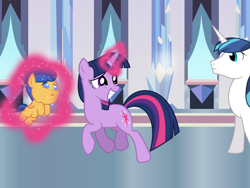 Size: 1024x768 | Tagged: safe, artist:rulette, edit, character:flash sentry, character:shining armor, character:twilight sparkle, 3:, age regression, frown, grin, looking back, magic, nervous, sad, smiling, telekinesis, trotting, wingless edit