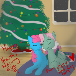 Size: 500x500 | Tagged: safe, artist:kourabiedes, character:fizzy, character:wind whistler, ship:whistlepop, episode:hearth's warming eve, g1, g4, my little pony: friendship is magic, ask, ask fizzy, christmas, christmas tree, eyes closed, female, heart, lesbian, shipping, tree, tumblr