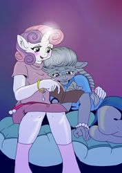 Size: 752x1063 | Tagged: safe, artist:jeremy3, character:silver spoon, character:sweetie belle, species:anthro, species:earth pony, species:pony, species:unicorn, ship:silverbelle, blushing, book, bracelet, braid, clothing, cute, glasses, glowing horn, shipping, skirt, socks