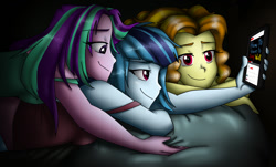Size: 1340x812 | Tagged: safe, artist:namygaga, character:adagio dazzle, character:aria blaze, character:sonata dusk, my little pony:equestria girls, bed, cuddling, loose hair, phone, prone, smartphone, smiling, snuggling, watching, youtube