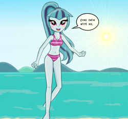 Size: 1396x1301 | Tagged: safe, artist:majkashinoda626, character:sonata dusk, my little pony:equestria girls, beach, belly button, bikini, blushing, cleavage, clothing, cute, dialogue, female, lens flare, sirens doing siren things, sonatabetes, swimsuit, this will end in death