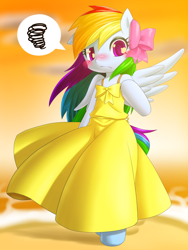 Size: 750x1000 | Tagged: safe, artist:hashioaryut, character:rainbow dash, species:pegasus, species:pony, bipedal, blushing, bow, clothing, cute, dashabetes, dialogue, dress, embarrassed, female, mare, pictogram, pixiv, rainbow dash always dresses in style, semi-anthro, solo, speech bubble, spread wings, tsunderainbow, tsundere, wings