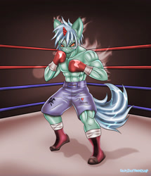 Size: 2430x2821 | Tagged: safe, artist:sixpathsoffriendship, oc, oc only, oc:safewake, species:anthro, species:pony, species:unicorn, boxing, boxing gloves, boxing ring, clothing, come at me bro, hajime no ippo, muscles, shorts, solo, topless