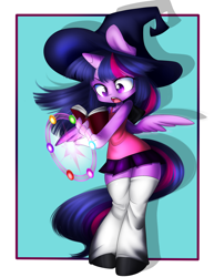 Size: 1280x1656 | Tagged: safe, artist:lolopan, artist:noodlefreak88, character:twilight sparkle, character:twilight sparkle (alicorn), species:alicorn, species:anthro, clothing, female, hat, miniskirt, pleated skirt, skirt, socks, solo, tank top, witch hat, zettai ryouiki
