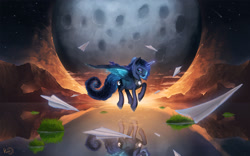Size: 1920x1200 | Tagged: safe, artist:rain-gear, character:princess luna, species:alicorn, species:pony, g4, dreamscape, female, flying, mare, moon, paper plane, reflection, shooting star, solo, stars, surreal, water