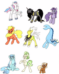 Size: 2002x2542 | Tagged: safe, artist:frankilew, species:earth pony, species:pegasus, species:pony, species:sea pony, species:unicorn, crossover, ear fins, eevee, eeveelutions, espeon, female, flareon, foal, glaceon, jolteon, leafeon, male, mare, pokémon, ponified, rearing, simple background, stallion, sylveon, umbreon, vaporeon, white background