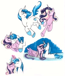 Size: 1852x2180 | Tagged: safe, artist:frankilew, character:princess cadance, character:shining armor, species:alicorn, species:pony, species:unicorn, ship:shiningcadance, :t, boop, colored hooves, cuddling, cute, duck pony, eye contact, eyes closed, female, floppy ears, glowing horn, happy, horns are touching, kissing, magic, male, mare, married, married couple, married couples doing married things, married life, missing accessory, noseboop, nuzzling, on back, open mouth, prone, running, shipping, simple background, smiling, snuggling, spread wings, stallion, straight, swimming, talking, traditional art, underhoof, unshorn fetlocks, water, wet mane, white background, wings