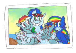 Size: 1665x1155 | Tagged: safe, artist:frankilew, character:rainbow dash, character:soarin', oc, oc:cloud puff, oc:sunrise brisk, oc:white whirl, parent:rainbow dash, parent:soarin', parents:soarindash, ship:soarindash, family, female, male, offspring, shipping, straight